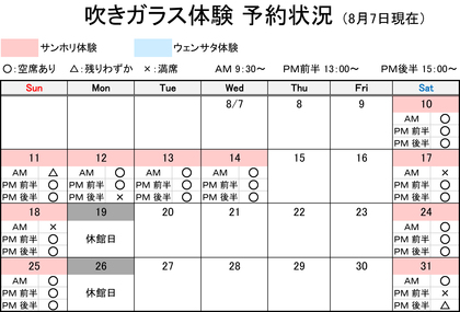 吹きガラス体験 予約状況 8/7更新