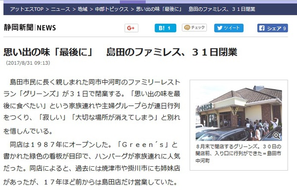 島田市のファミレス『グリーンズ』さんが閉店
